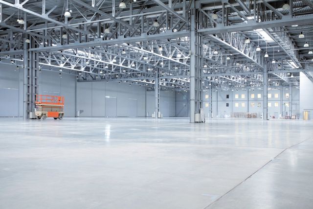 A warehouse with many lights and a truck